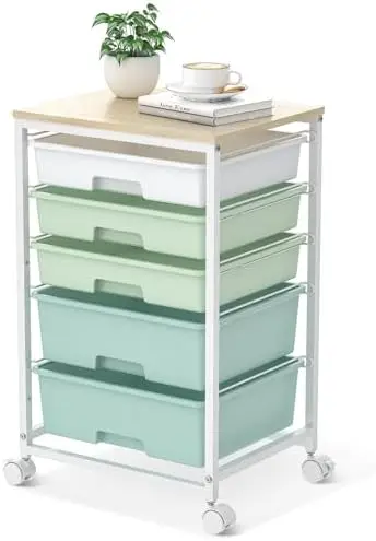 

Rolling Craft Cart with 5 Drawers & Wooden Top – Green Storage Organizer