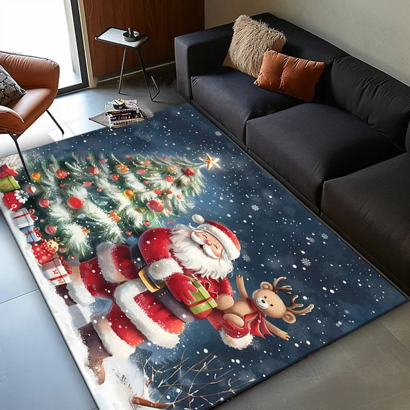 Christmas Santa Claus Rug with Reindeer and Tree Design - Festive Holiday Living Room Carpet, Seasonal Decoration