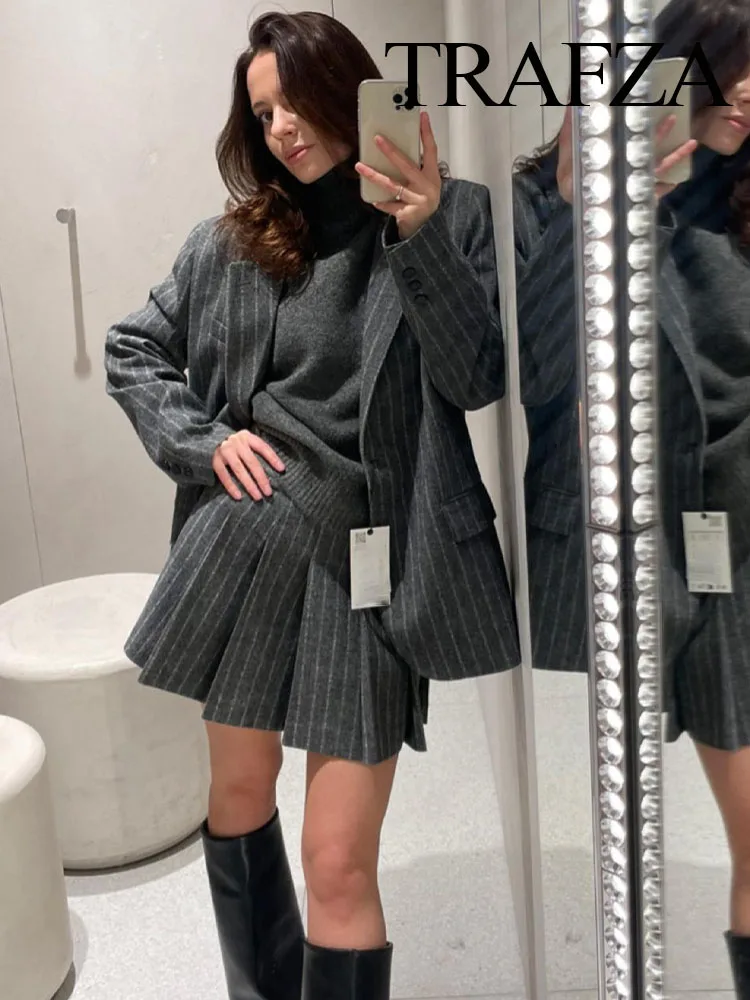 TRAFZA Vintage Female Chic Flip pocket decoration Pinstripe Blazer Fashion Women Casual Loose Outerwear Blazer Long Sleeve Coat