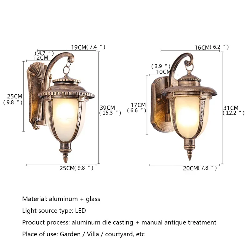 SEAN Outdoor Retro Wall Sconces Light LED Lâmpada de bronze IP65 à prova d'água para decoração de varanda de casa