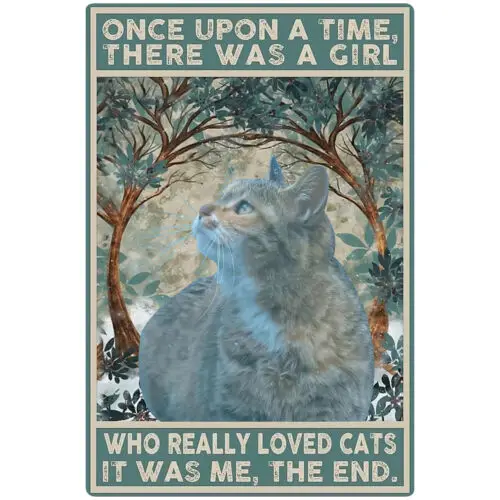 Vintage Cat Metal Tin Sign Once Upon a Time There Was A Girl Tin Signs 12x8Inche