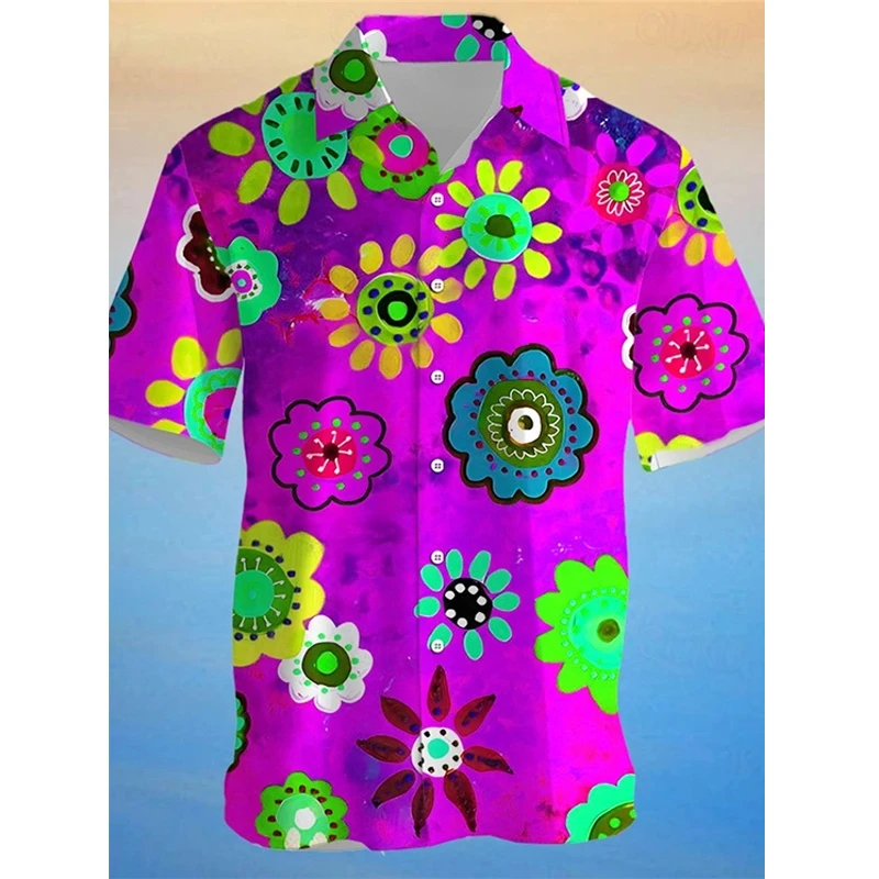 2024 Fashion Men's Anime Flower Print Shirts Casual Daily 3D Printed Short Sleeve Shirt Harajuku Street Oversized Loose Clothing