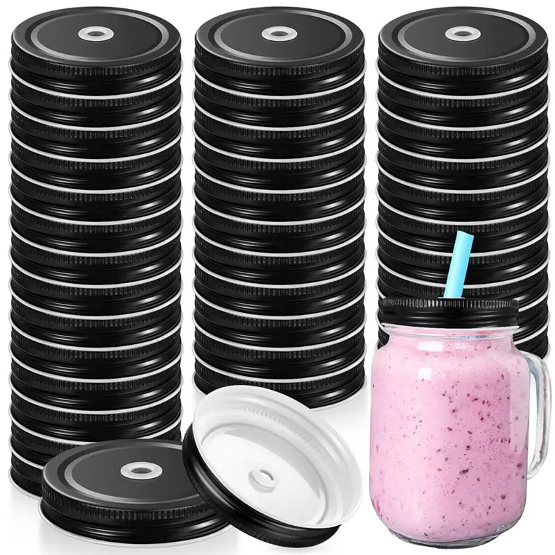 A84X-20Pcs Metal Stainless Steel Mason Jar Drinking Lids With Straw Hole 2.7Inch Regular Mouth Leak Proof
