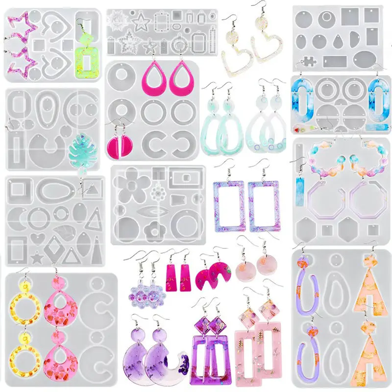 Moldes de resina de brinco, resina epóxi, molde de joias de silicone com moldes de fundição de furo em vários formatos e tamanhos para fazer brincos diy