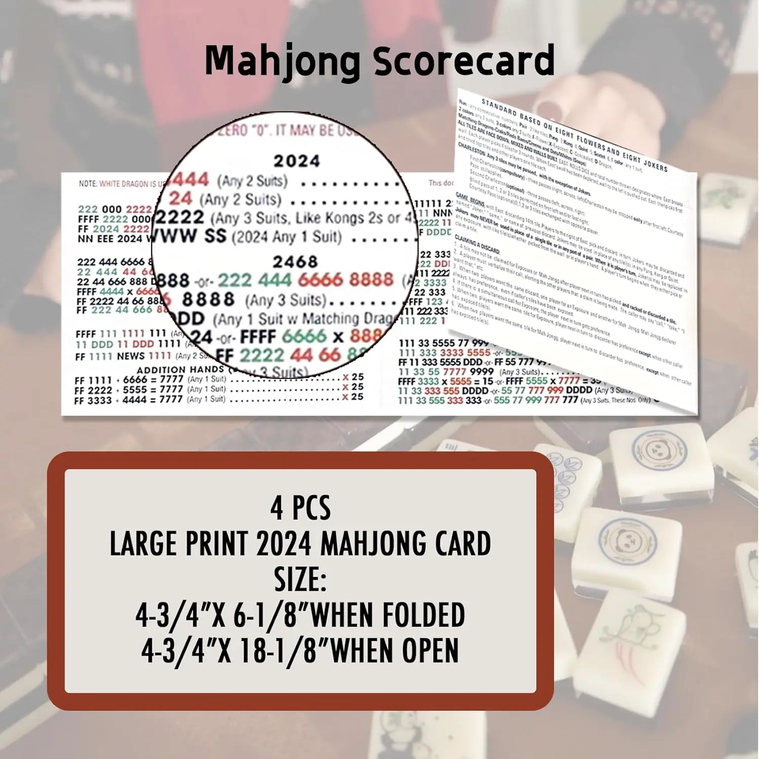 National Mah Jongg 2024 Large Size Card - MahJongg Cards - Official Hands and Rules - 4 pcs