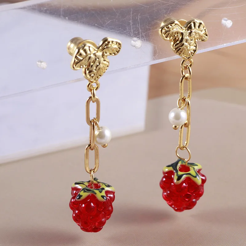 

Fashion Metal Leaf Fruit Brass Chain Fringe Red Raspberry White Glass Pearl Long Earrings Fairy Style Cute Sweet Gifts for Women