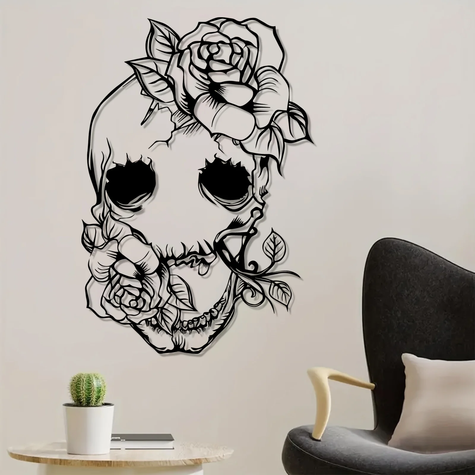 Skull Rose Metal Wall Art Iron Gothic Sculpture Garden Fence Hanging Mural Halloween Day Dead Dark Romantic Decor Gift