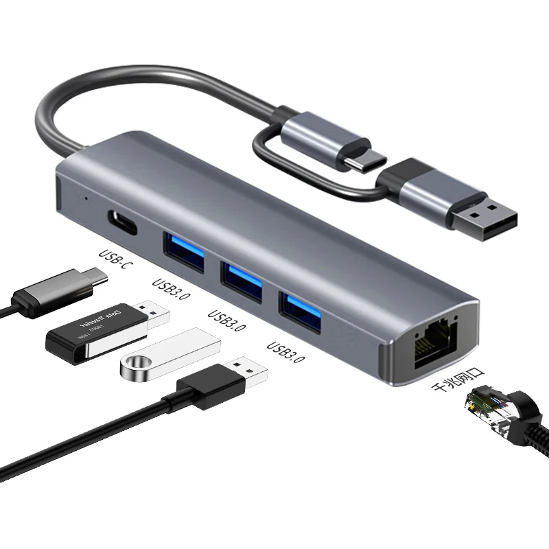 USB C-концентратор USB-C Многопортовый адаптер USB-A Тип C USB 3.0 Передача данных Гигабитный проводной сетевой адаптер 1000 Мбит/с RJ45 Станция 5 в 1