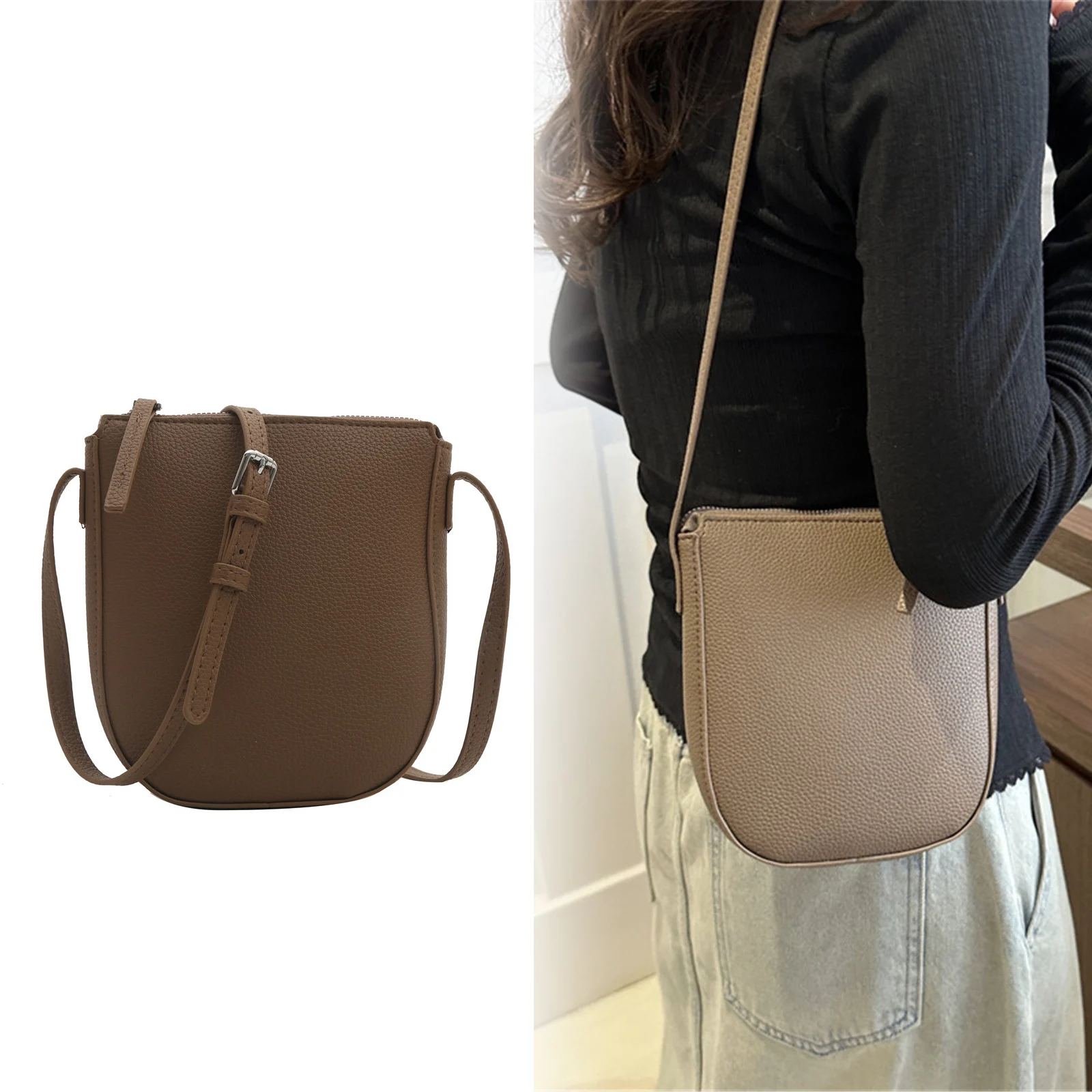 Litchi Patroon Schoudertas Nieuwe Rits Effen Kleur Crossbody Tas Echt Lederen Telefoon Tas Dames Nieuwe 2024