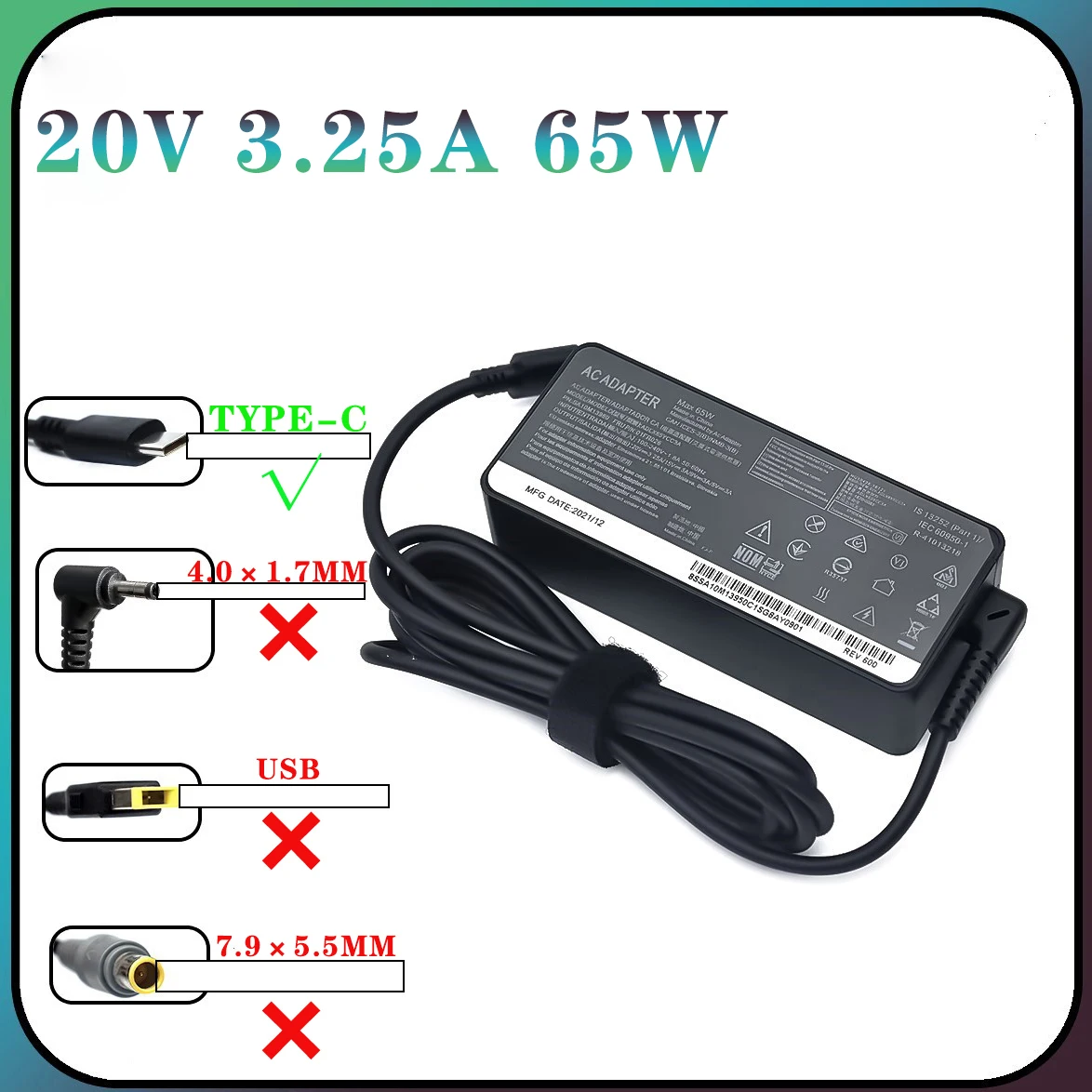 20V 3.25A 65W USB Type C Power Adapter Charger for Lenovo Thinkpad X1 carbon Yoga X270 X280 T580 P51s P52s E480 E470 s2 Laptop