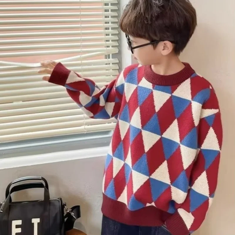 

Boys Sweater Wool Coat Kids Tops Knitting 2024 Lattice Spring Autumn Plus Thicken Cottons Pullover Teenagers Children's Clothing