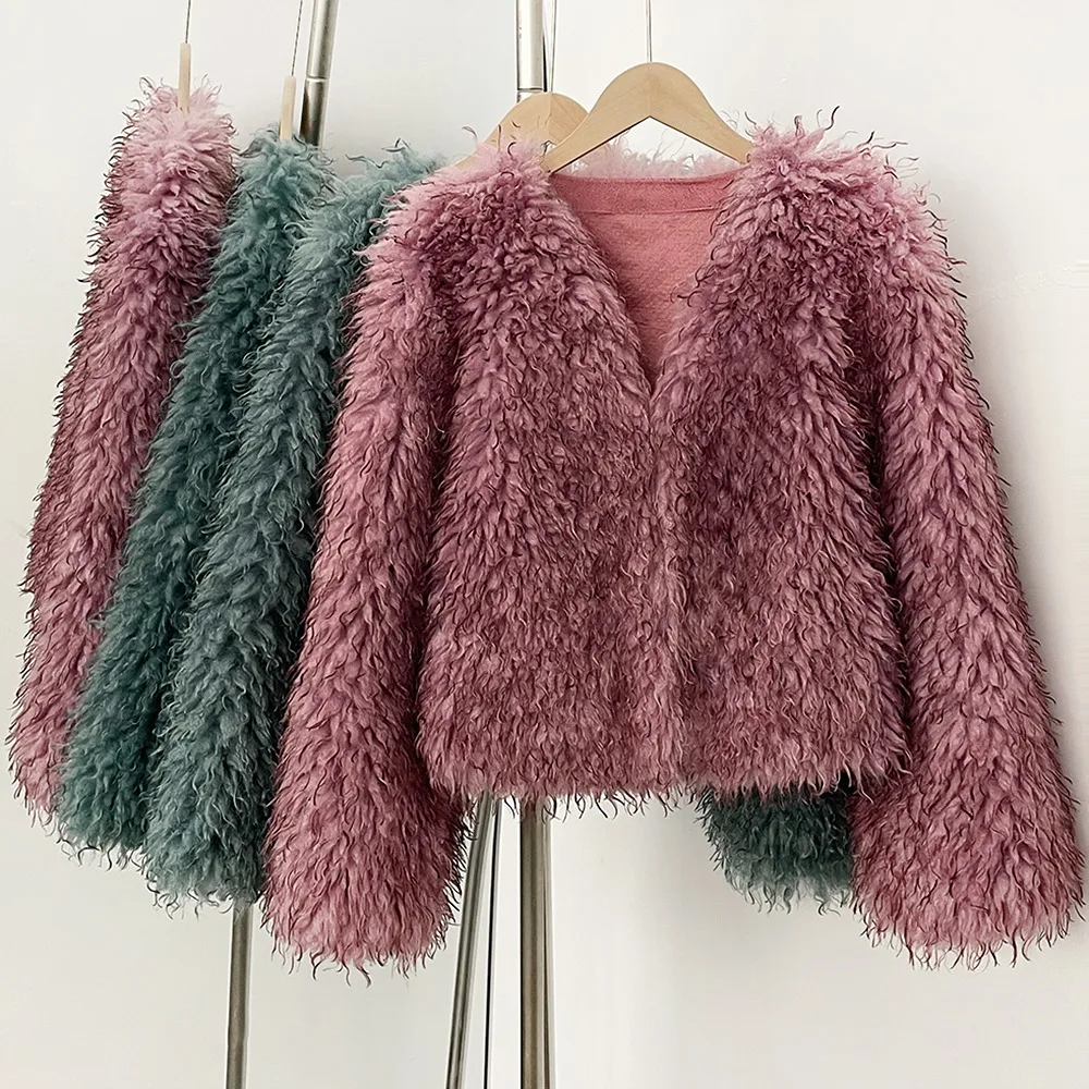 

OFTBUY Faux Fur Jacket Luxury Artificial Short Fur Coat New Outerwear Coat Autumn Winter Women Thick V-neck Women Tops Stones