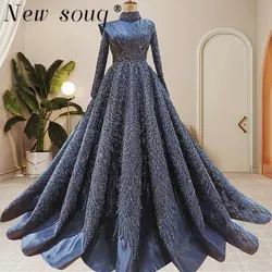 Navy Blue Long Sleeve Muslim Evening Dresses Luxury Beaded Satin High Neck Formal Elegant Wedding Party Gowns With Big Train