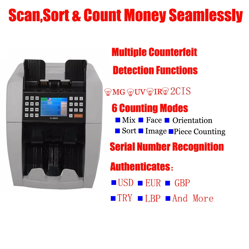 Huaen 8800 Mix Value Counter Sorter,Sort on DENOM/FACE/ORI with Reject Pock,2CIS/UV/MG Counter Detection,Money Cou