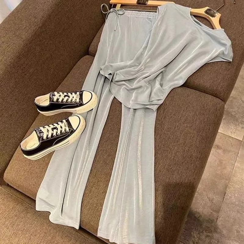 

Women Grey Clothing Suits Glossy Solid Sleeveless Pullover Tees+High Waist Wide Leg Pants 2pcs Female Tracksuits Two Pieces Sets