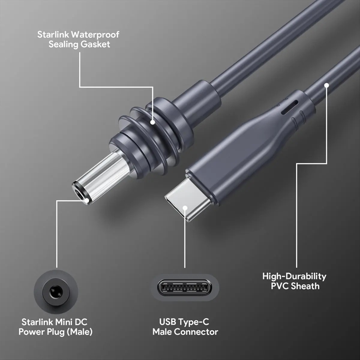 doyme USB C to DC Power Cable for Starlink Mini USB Type-C Input to Waterproof Power Cable for Starlink Gen3 Mini (16.4ft )