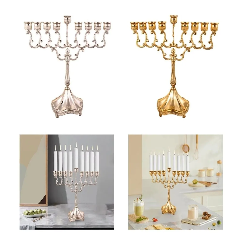 9 Branches Head Hanukkah Menorah Candle Stand Table Home Decor Tabletop Candle Holders Hotel Props Metal Candlestick Holder