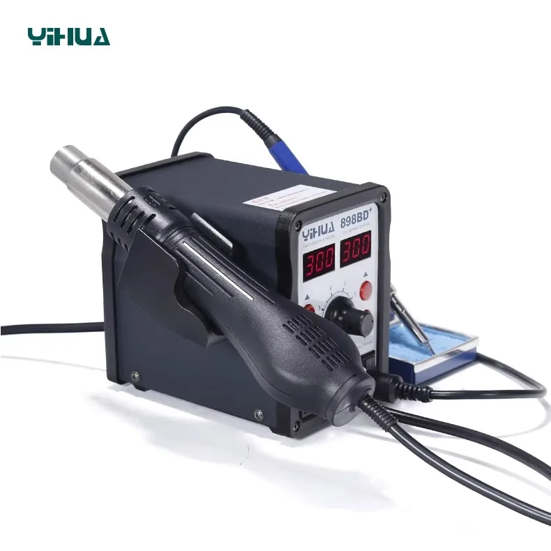 YIHUA stasiun Solder pengerjaan ulang SMD, stasiun Solder pengerjaan ulang pistol udara panas + besi Solder 2 dalam 1 SMD 898BD + 110V / 220V 750W