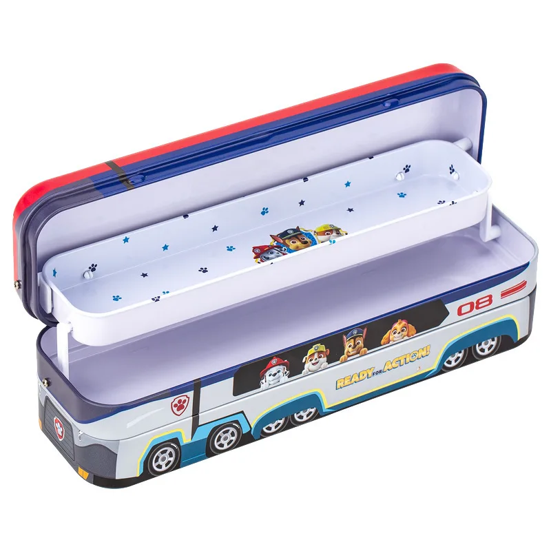 Cartoon Kawaii Paw Patrol Rescue Bus Stationery Box Tinplate Three-Layer Foldable Pencil Box Multi-Function Metal Storage Box view 2