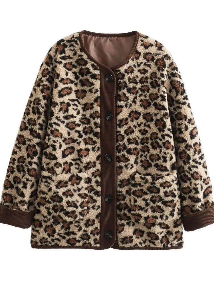 Fashion Contrast Leopard Print Single Breasted Jacket Women Elegant O Neck Long Sleeves Pocket Coat 2024 New Lady Warm Outerwear