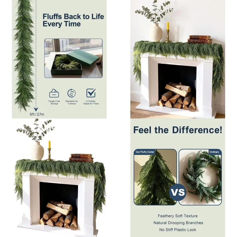 

Extra Long Fluffy Cedar Garland, Real Touch Artificial Greenery for Grand Mantle, Staircase, Door, Rustic Farmhouse Christmas De