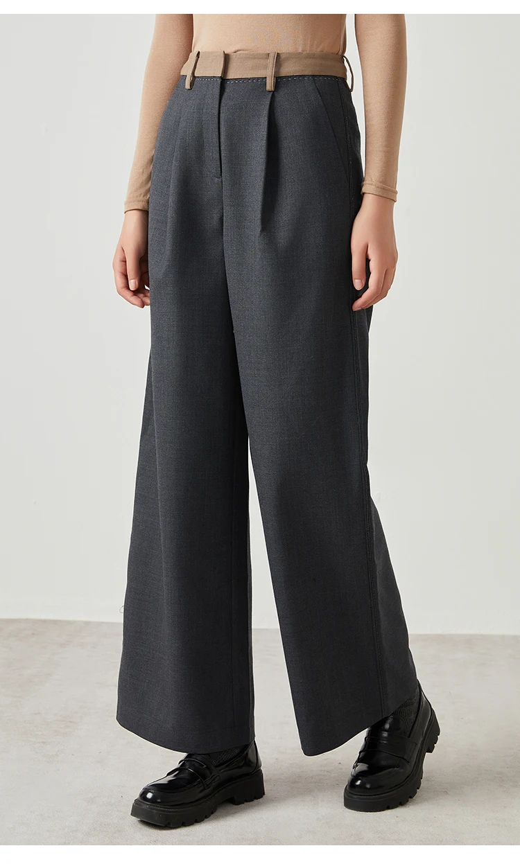 K2546W Damen-Hose mit weitem Bein, Wollmischung, hoher Taille, vorne plissiert, lange, taillierte Hose für Büro und Arbeit – Detail 10