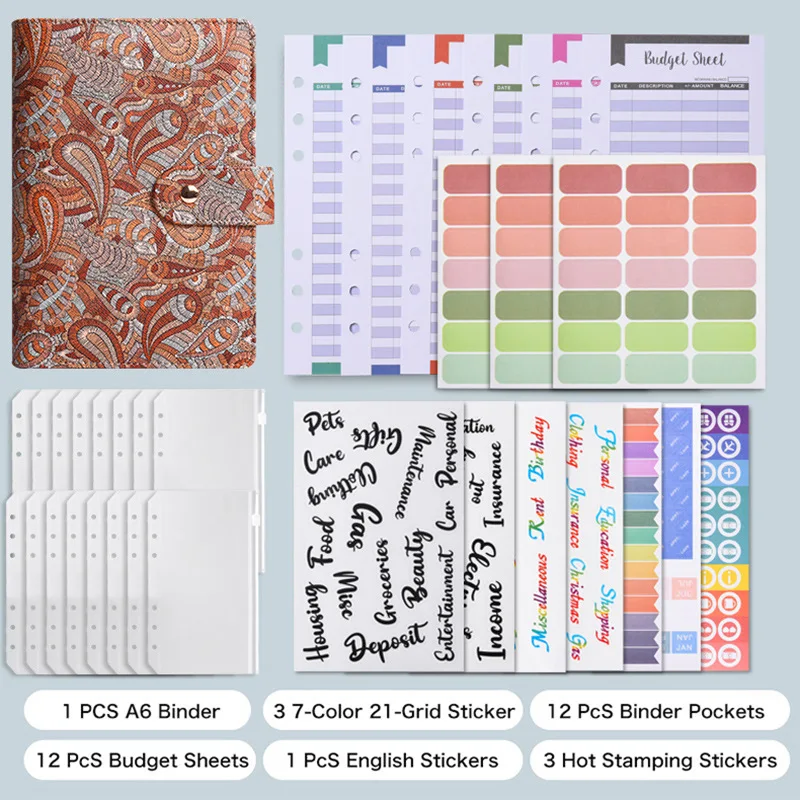 

Блокнот-органайзер A6 с 6 кольцами, 12 карманами и 12 листами для учета расходов