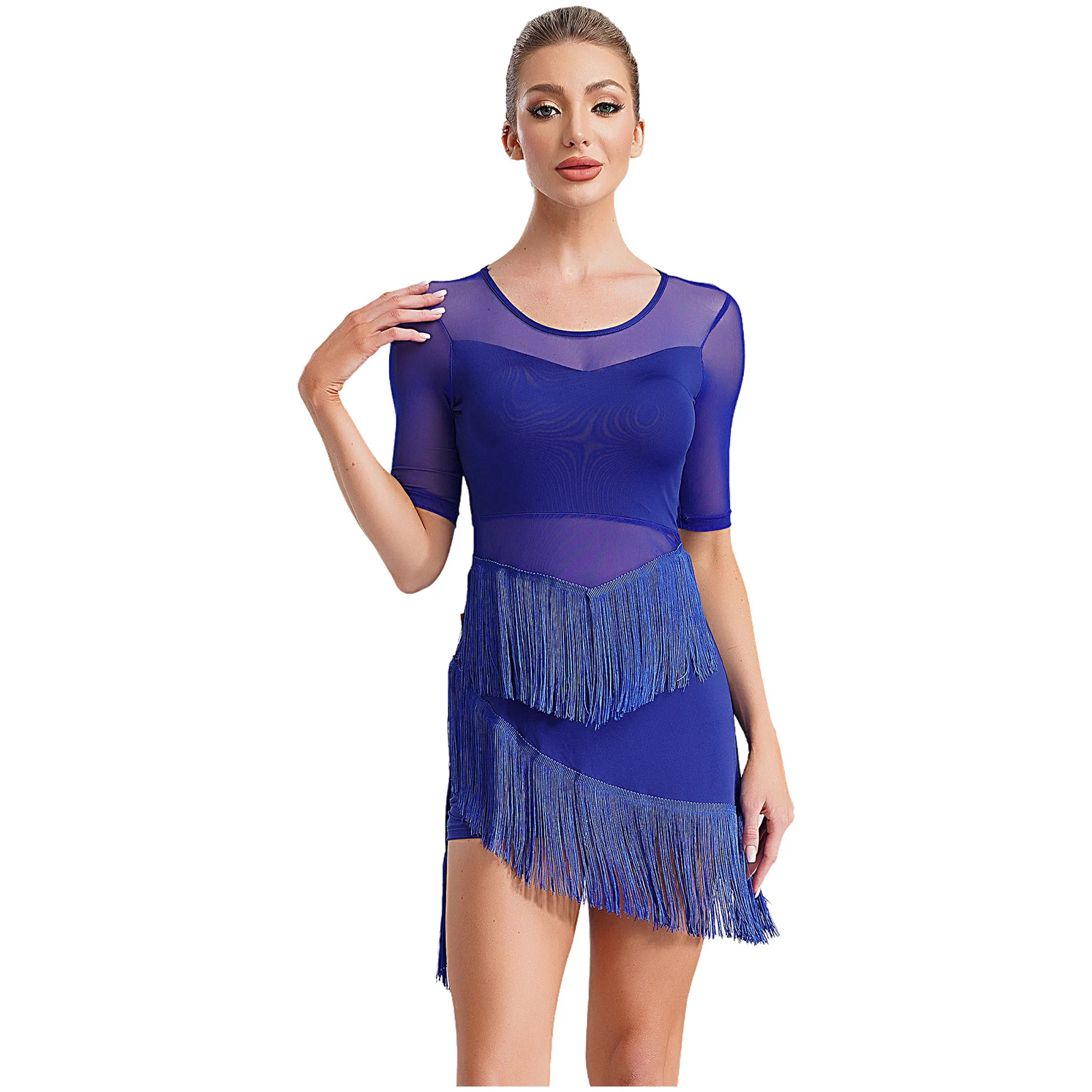 Womens Fringe Latin Dance Performance Costume Half Sleeve Dress with Tassels with Shorts Sways Sheer Mesh Irregular Dance Dress