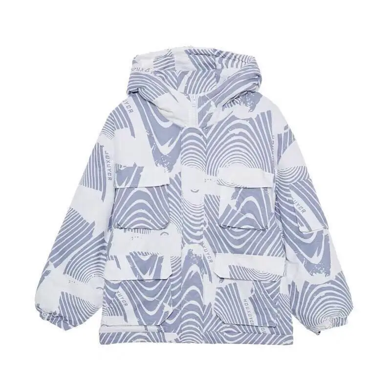 ​Men's Winter Cotton Jacket 2025 Hong Kong Style Couples Parka with Blue White Floral Design Warm Oversized Outdoor Clothing​