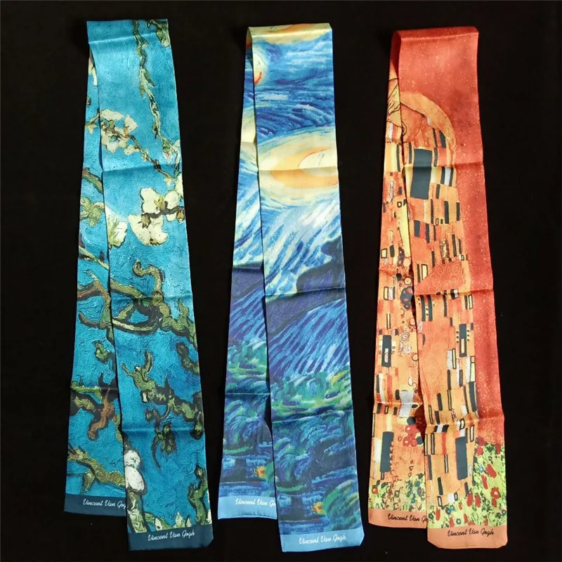 Van Gogh Oil Painting Twill Silk Scarf Women Neckerchief Skinny Scarf Bag Ribbons Female Neck Tie Head Scarves Wraps For Ladies