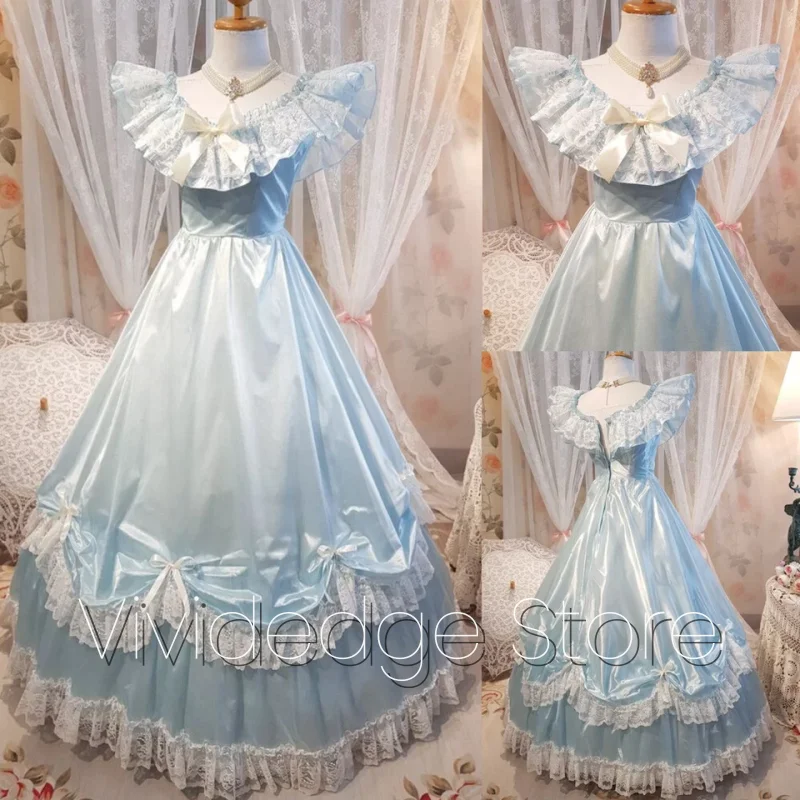 Customized Vintage Medieval Pale Blue Wedding Dress Round Neck Lace Ruffles Bow Decoration Fresh A Bridal Gowns vestido de novia