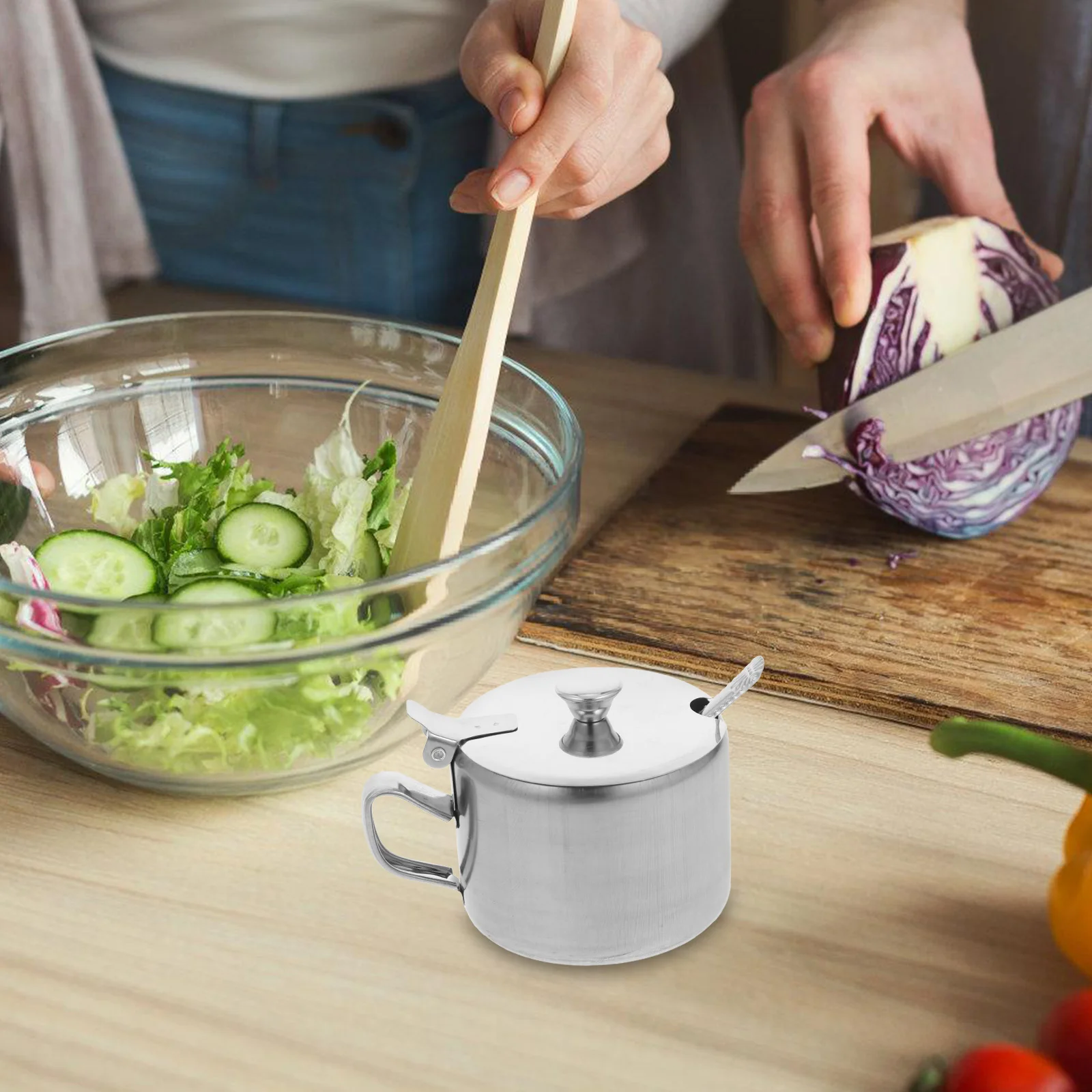 

Stainless Steel Sugar Bowls Spice Jars Kitchen Seasoning Container Silver Farmhouse Condiment Jar Lid Spoon Handle Pepper Salt