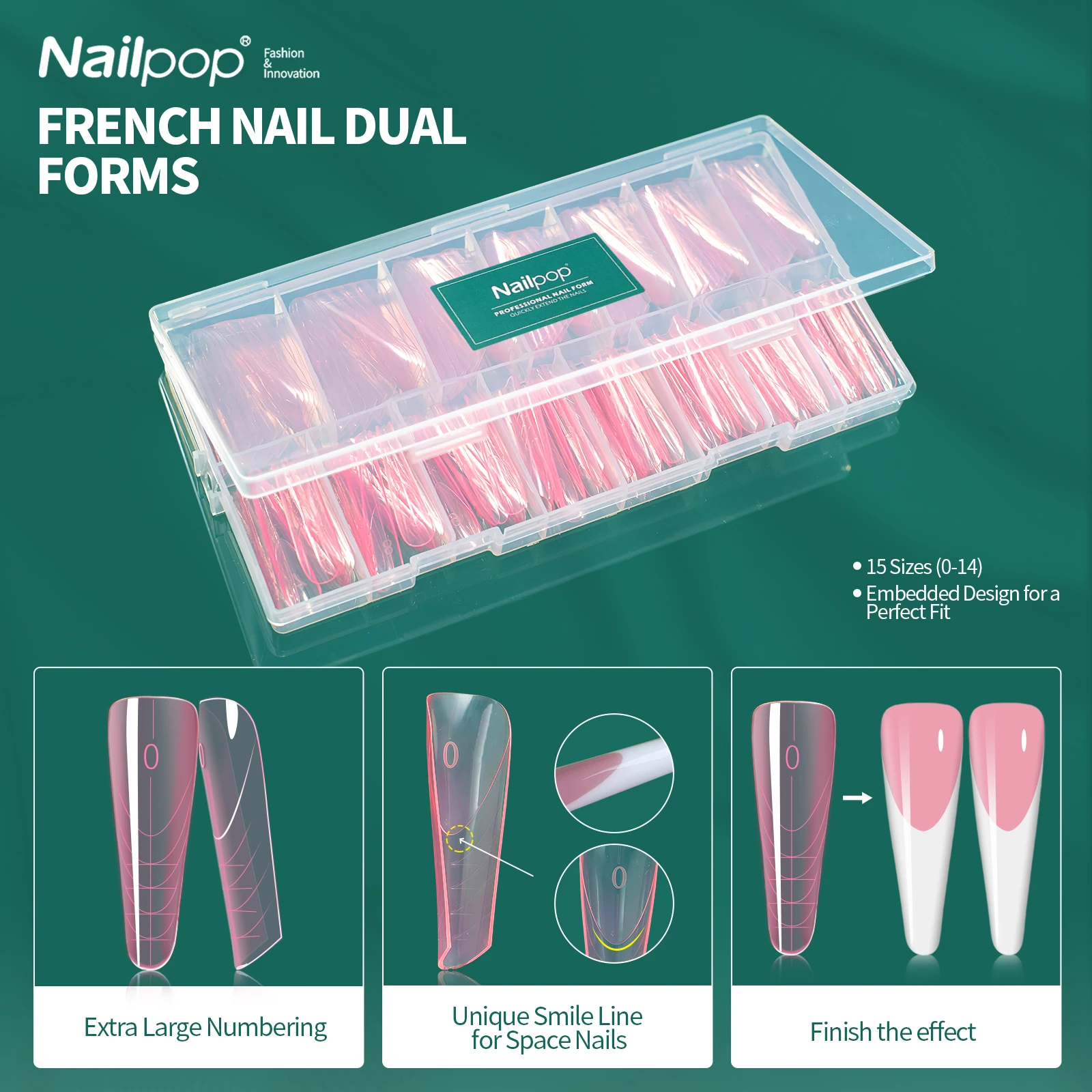 

Nailpop 150Pcs Poly Gel Nail Dual Form Molds Nail Extensions 15 Sizes Large Number Markings for Creating French Manicure Effects