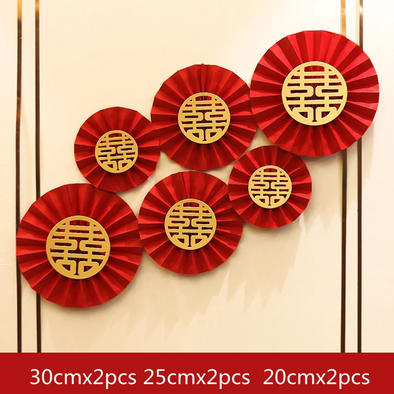 6pcs Chinese Style Red Wedding Fan Flower Hanging Paper Crafts Pompom Double Happiness Sticker Living Room Background Wall Decor