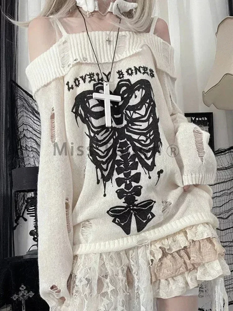 Y2k Harajuku Gothic Knitted Pullovers Women Japanese Fashion Sexy Off Shoulder Tops Female Korea Loose Casual Sweater 2024 New