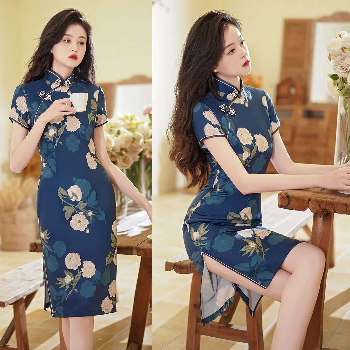 

Plus Size 4XL Evening Qipao Chinese Dress Sexy Print Cheongsam Elegant Satin Vestidos Split Dresses Women New Banquet Gown