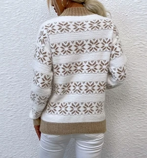 Women's Winter Sweaters 2024 Winter Half High Neck Christmas Snowflake Print Long Sleeved Casual Loose Pullover Knitted Sweater