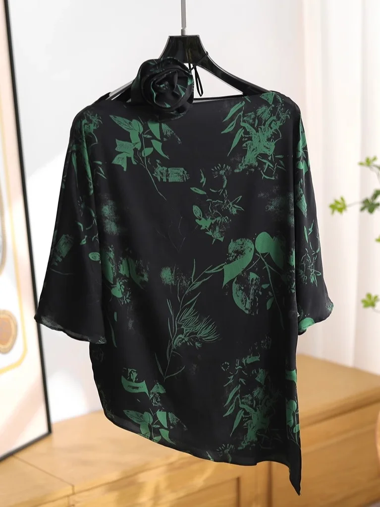 

Master Tailor een Floral 3D Flower Ne Hanging Silk Silk irt Asymmetrical Straight Cut French Sle Women's Blouse