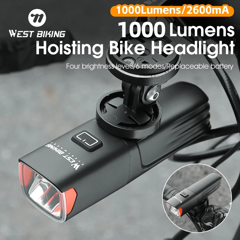 WEST BIKING 1000LM Bike Light Front Lamp Type-C Rechargeable Bicycle Light Waterproof Headlight Power Bank Bike Accessories