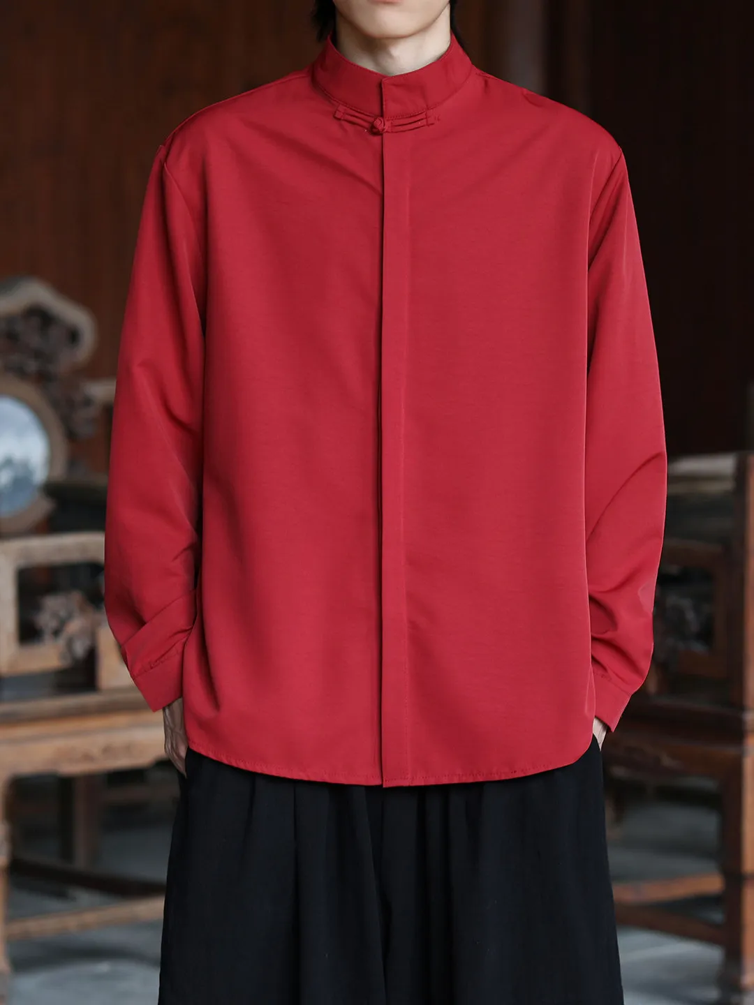 

Красная мужская рубашка с коротким рукавом, воротником-стойкой, на пуговицах, не требующая глажки, в китайском стиле, ретро, в стиле Ханьфу/Тан, молодежная, популярная, размер L