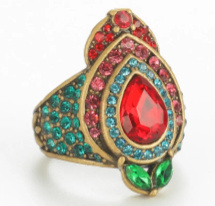 Vintage Copper Real Gold Plated Ring, Contrast Color Full Rhinestone Water Drop Light Luxury Summer Women Jewelry