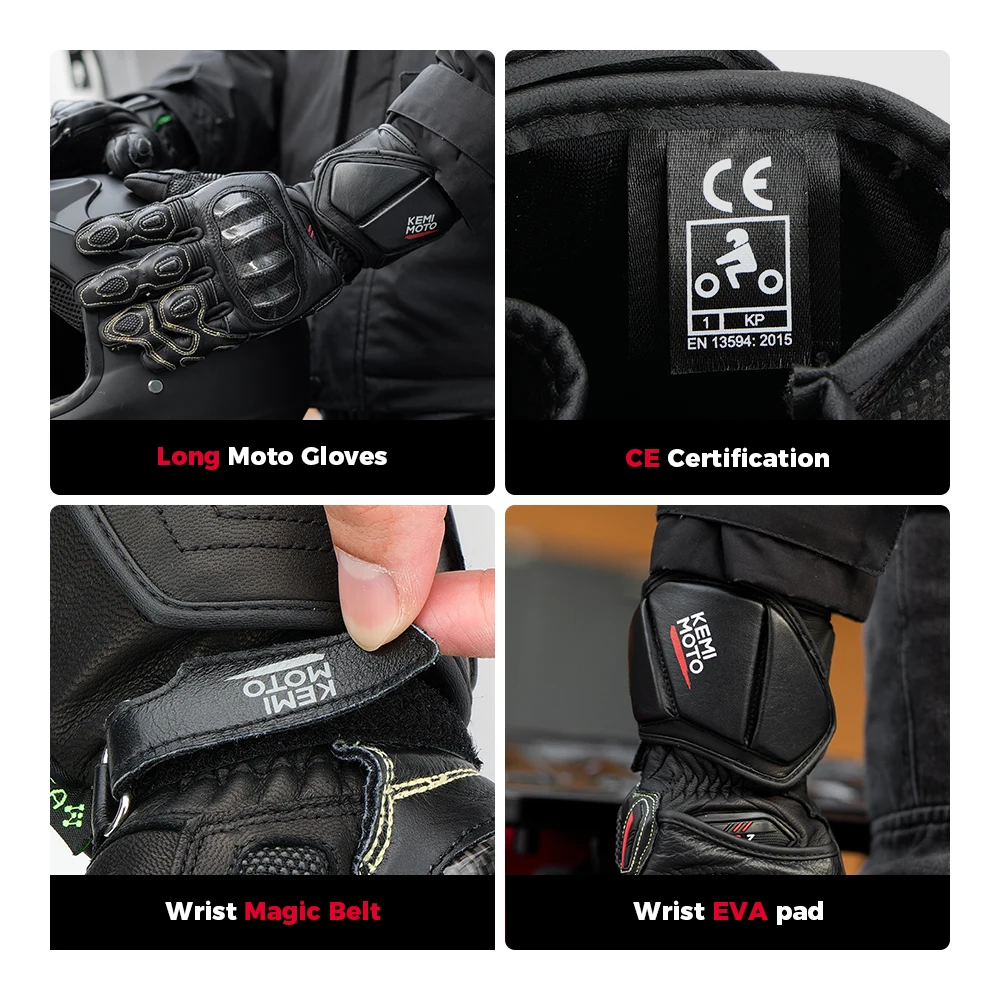 KEMITOUR Leder Racing Moto Handschuhe Für Motorrad Lange Manschette Professionelle Powersports Handschuhe Carbon Fiber Knuckle Für Männer Frauen – Detail 6