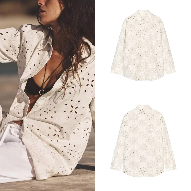 

2025 Summer New Women's Sle Long Sve Embroidered Hollow out irt Street Faion Pure Color Polyester Fiber 00%