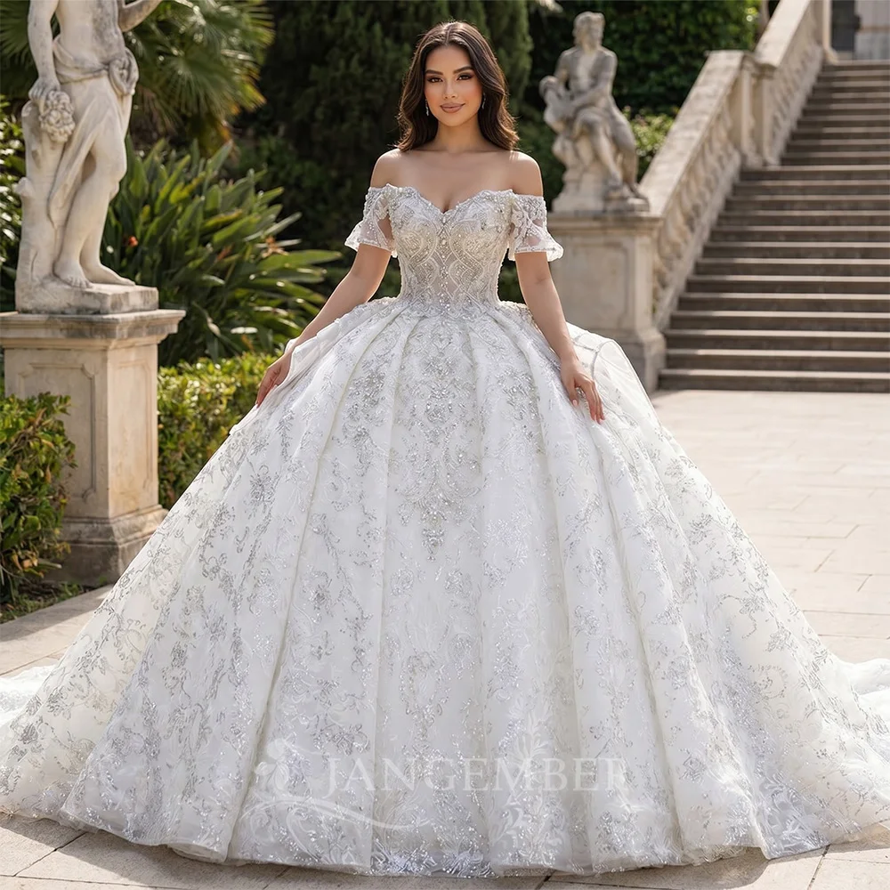 

Customized Ball Gown Short Sleeves Wedding Dresses Party Evening Dresses White Elegant Beaded Lace Bridal Gowns свадебно