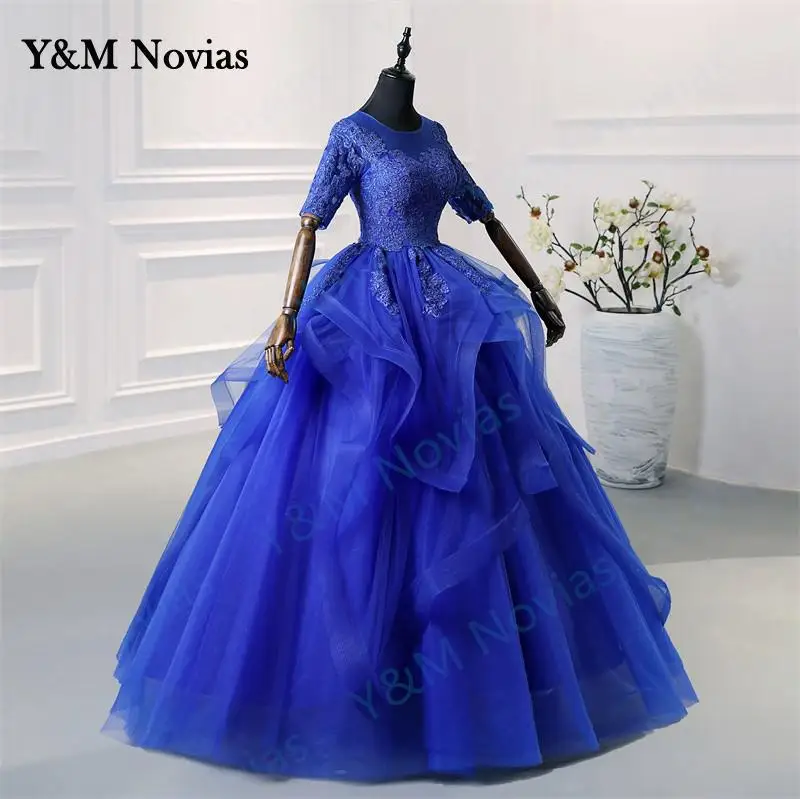 Y&M Novias New Fashion Plus Size Blue Wedding Dresses Half Sleeve Sweet and ruffles in a few rows Bridal Gowns White Ivory Lace