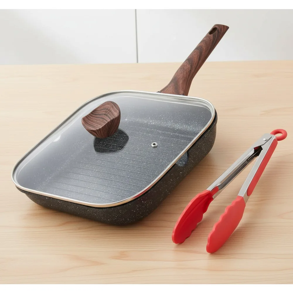 

11 Inch Square Nonstick Grill Pan with Lid, Granite Coating Indoor Cooking Griddle, PFOA Free Skillet for Healthy Meals