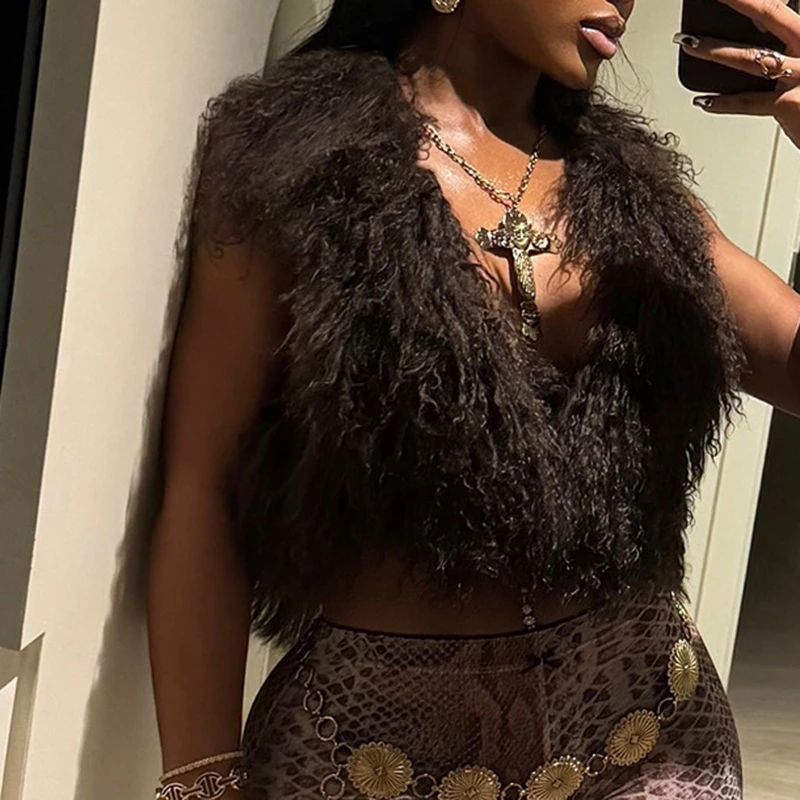 

Jxwatcher Fluffy Luxury Real Mongolian Fur Halter Vest Women Solid Deep V-Neck Backless Bandage Sleeveless Jackets Top Outerwear