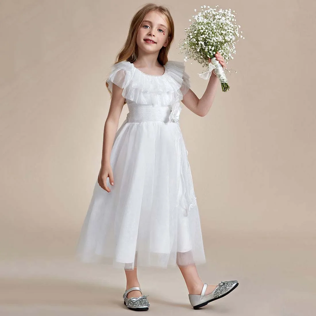 Yzymanualroom ชุดเดรสผู้หญิงลายดอกไม้ Tulle พร้อมโบว์ Charming คอกลม2-15T