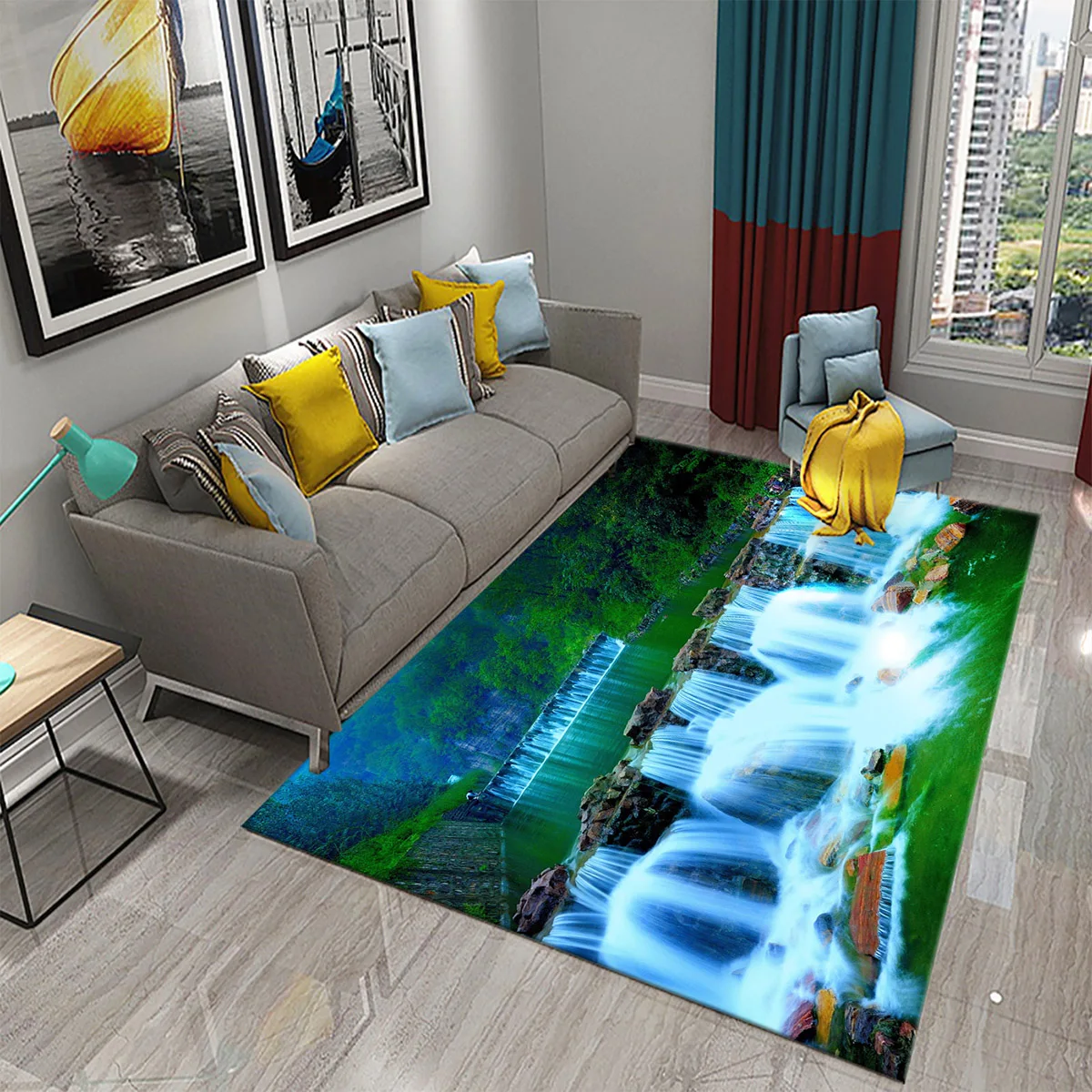 Green Forest Waterfall Scenery Carpet Nature Landscape Carpet Bedroom Kitchen Living Room Bathroom Shower Non-slip Rugs Carpet