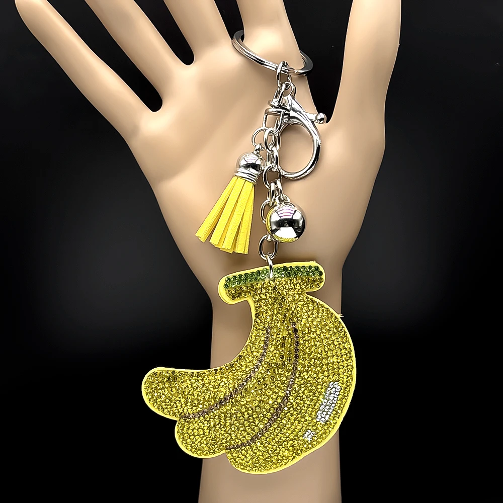 Cute Rhinestone Banana Keychain For Women Men Yellow Tassel Bell Sparkly Fruit Female Bag Pendant Fashion Keyring Jewelry Gift